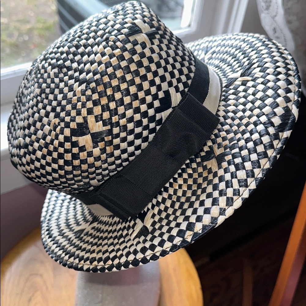 Vintage 60s Mod‎ Look  Sears Black & White Woven Hat with Ribbon Bow